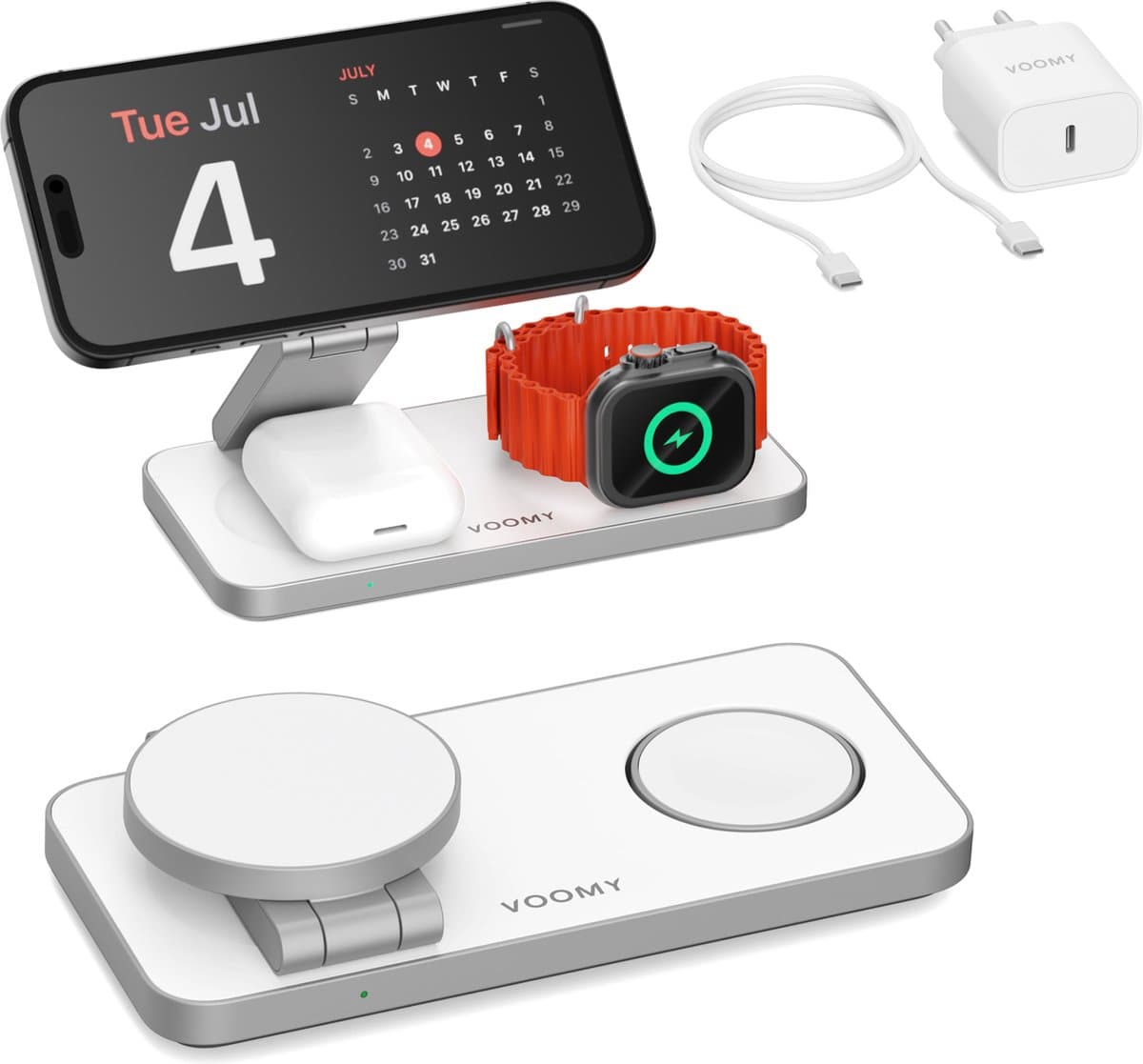 Voomy 3-in-1 Draadloze Oplader (15W Snellader) - Opvouwbaar Oplaadstation - Geschikt voor MagSafe, Apple Watch, Draadloze Oortjes - Wireless Charger - Inclusief Adapter - Wit