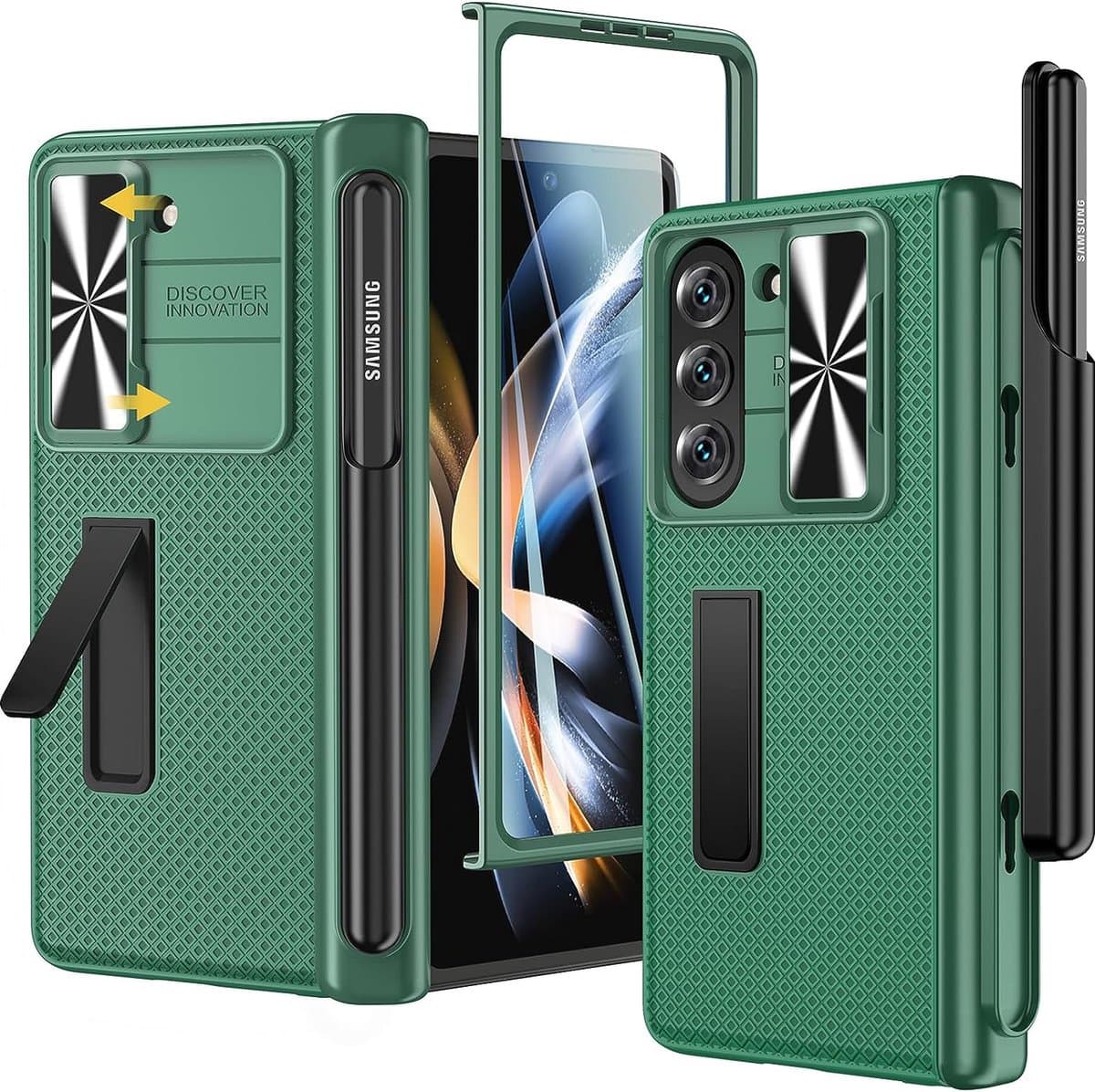 Geschikt voor Samsung Galaxy Z Fold 5 Armor scharnierbescherming met S pen houder hoesje - Groen