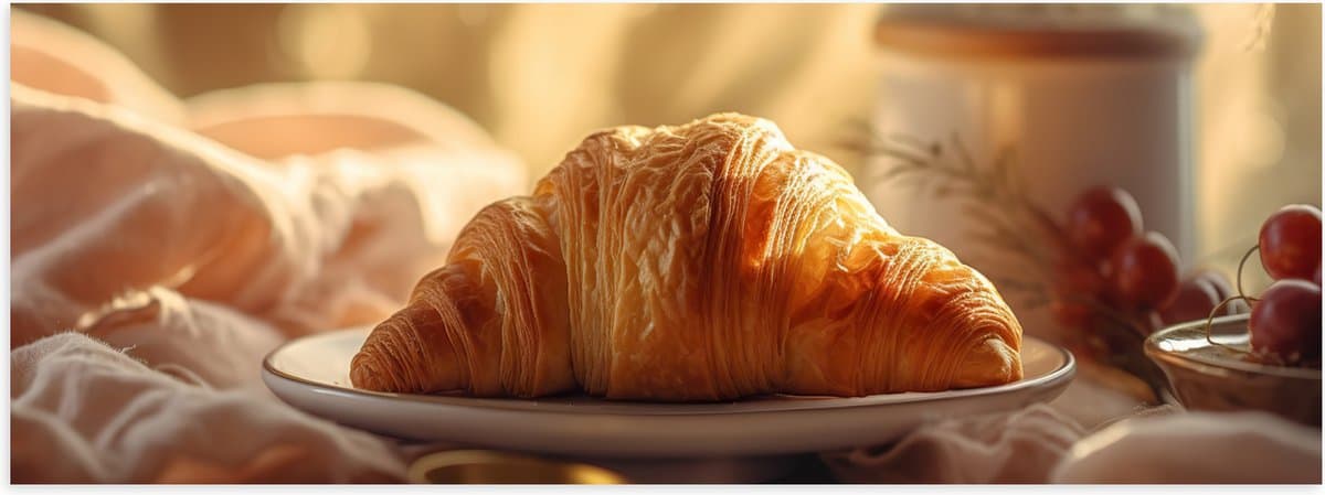 Poster (Mat) - Versgebakken Croissantje op Plateau bij High Tea - 90x30 cm Foto op Posterpapier met een Matte look