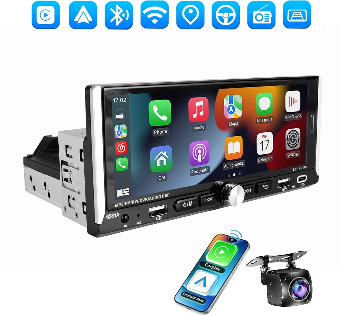 ESSGOO 1Din Autoradio Universeel - Android 15 - 6,9 Inch HD Touchscreen - 4+64GB - Apple Carplay & Android Auto (Draadloos) - GPS, Bluetooth, USB, USB-C & MP5 - AHD Achteruitrijcamera