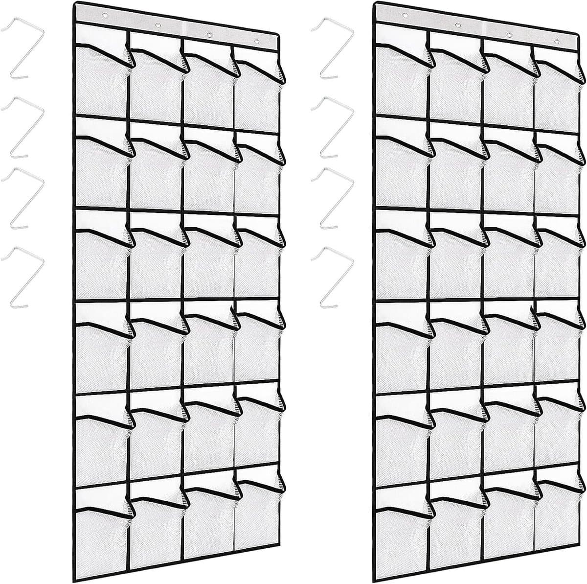 2-Pack Over the Door Opberg Organizer voor Schoenen, Hangende Schoenenrek met 48 Grote Mesh Vakken en 8 Haken, Ideaal voor Kledingkast en Slaapkamer, 144x50cm, Wit