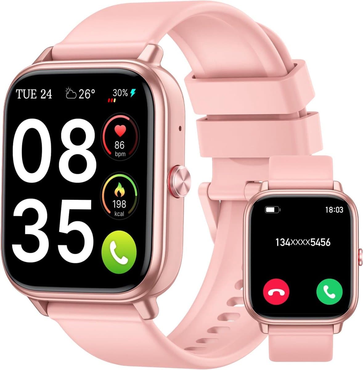 Smartwatch - Fitness horloge - Sport en Gezondheid - Lange batterijduur - 183 inch HD scherm - Lichtroze
