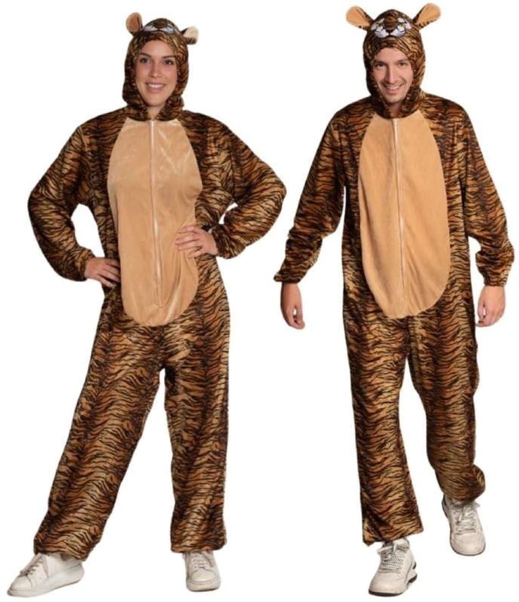 Partychimp Onesie Tijger Kostuum Volwassenen Tijger Pak Mascotte Verkleedpak Tijger Halloween Kostuum Volwassenen Carnavalskleding Heren Carnavalskleding Dames Verkleedkleren Volwassenen Carnaval Dieren Kostuum - Polyester - Unisex - Bruin - Maat M/L
