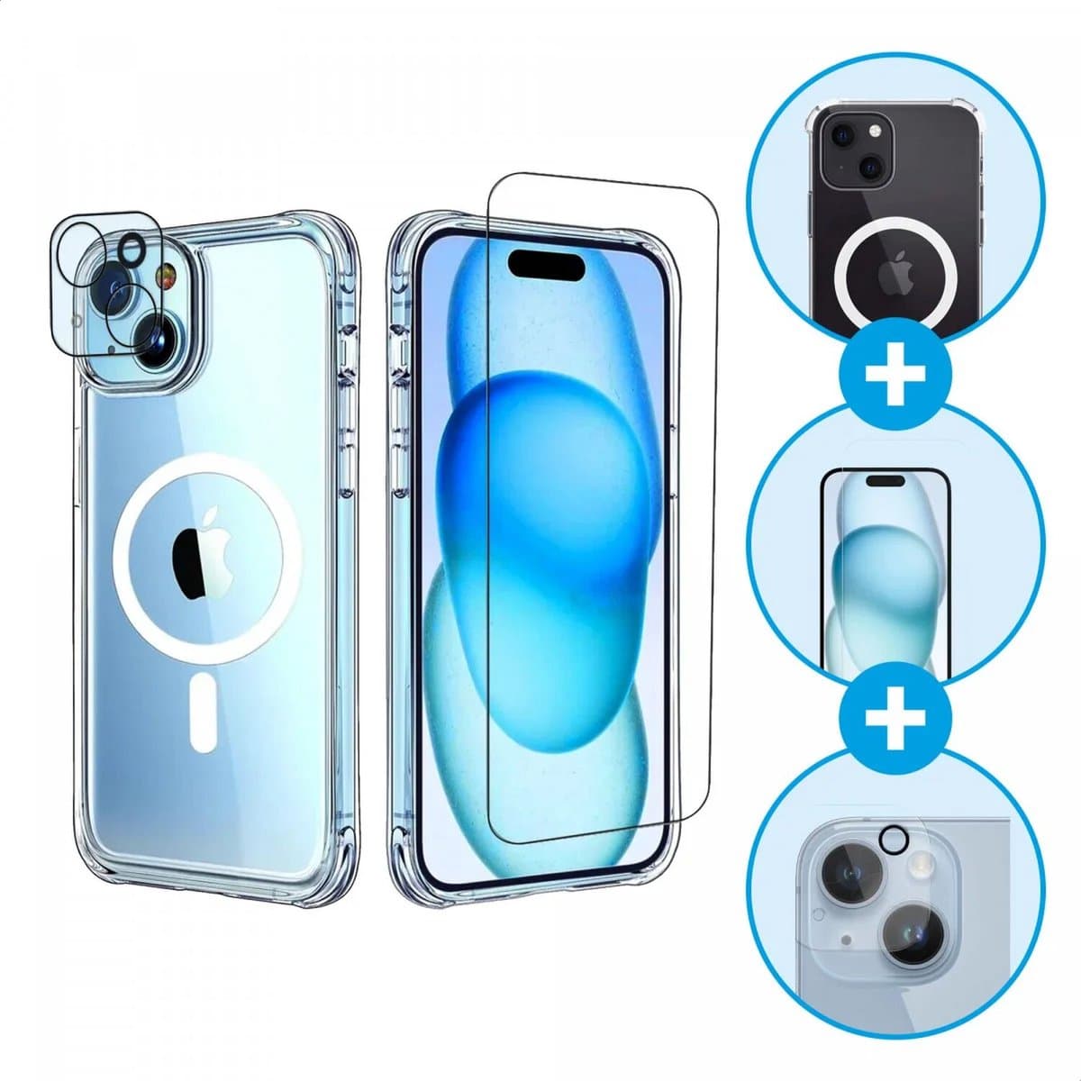 Hoesje + Camera & Screenprotector Geschikt voor iPhone 15 - Back Cover Compatibel met MagSafe - Case Schokbestendig Doorzichtig + 9H Tempered Glass & Camera Lens Protector - 360° Bescherming