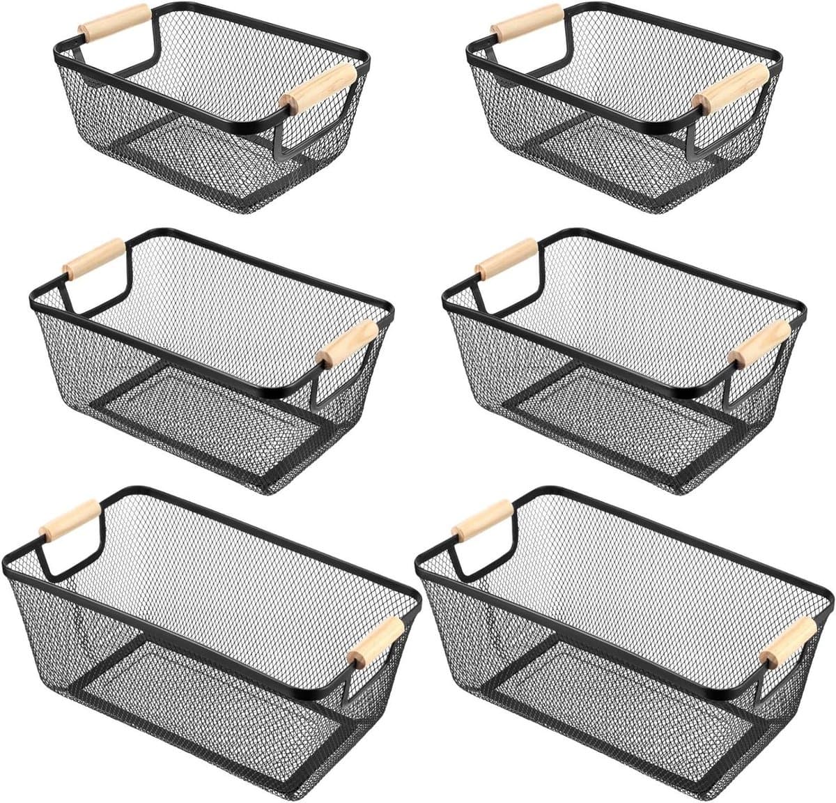 6 Pack Metalen Draad Opbergmanden met Houten Handvatten Zwart Staal Mesh nizers voor Hond Speelgoed Thuis Pantry Keuken & Make-up 3 Maten Rechthoek Containers