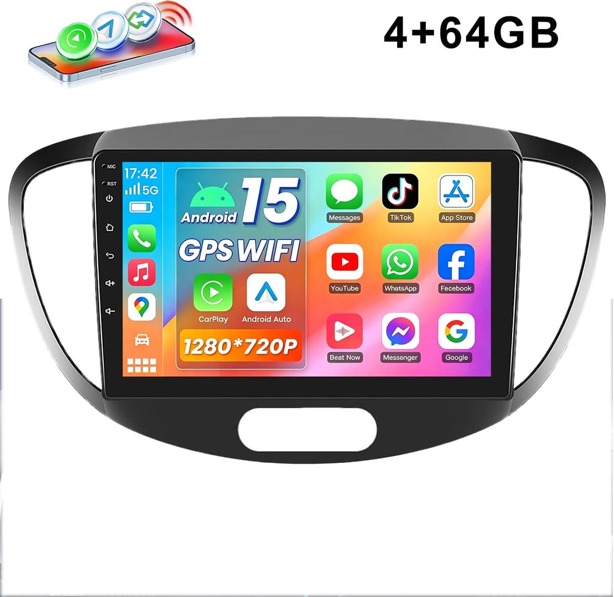 ESSGOO Carplay autoradio voor Hyundai i10 - 2007 t/m 2013 - Android 15 - Draadloos Apple Carplay & Android auto - 4GB + 64GB - 2007 2008 2009 2010 2011 2012 2013 - GPS, Bluetooth & Wifi