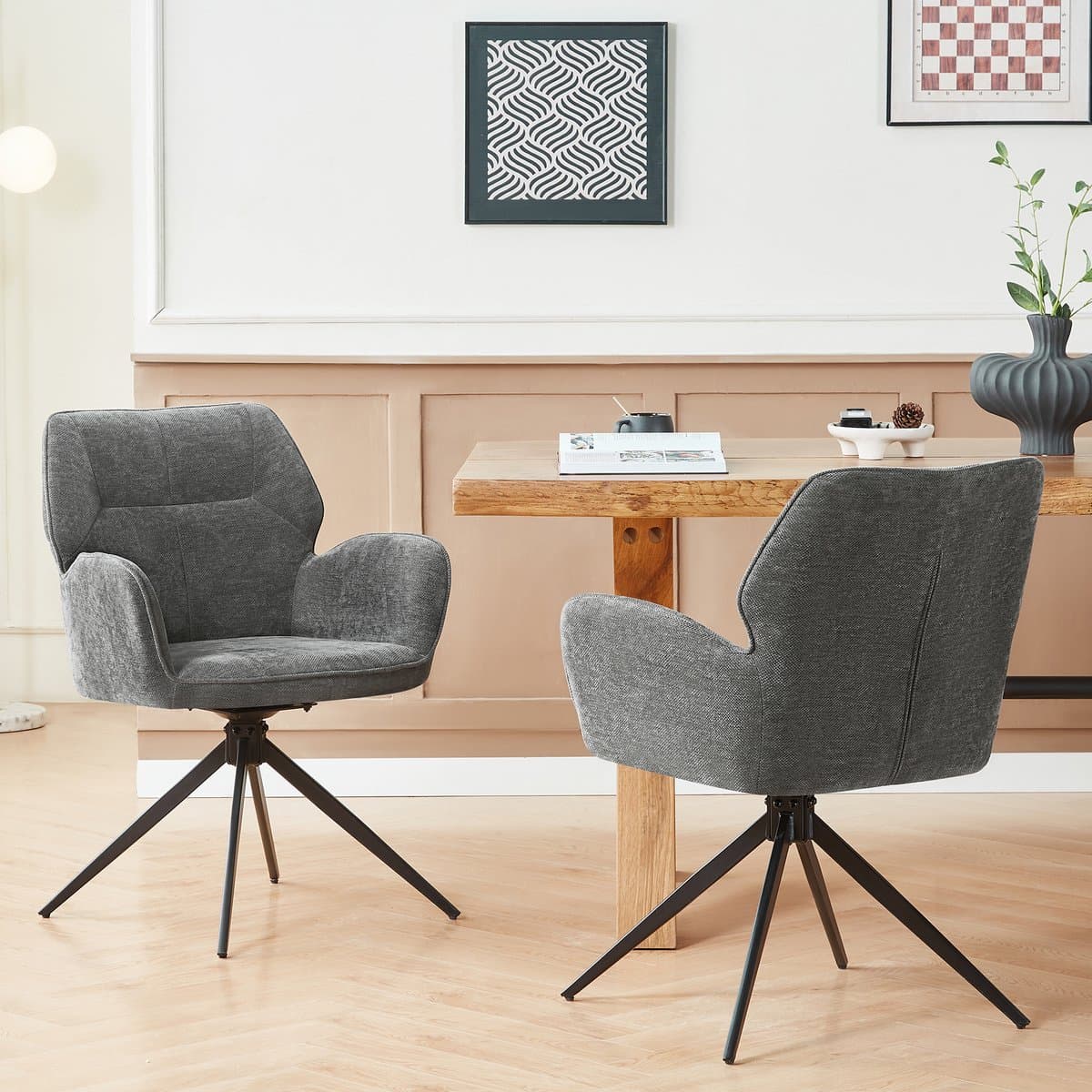 Wishdor - Eetkamerstoelen Set Van 2 - Draaibaar Met Armleuningen En Doorlopende Rugleuning - Modern Scandinavisch - Voor Eetkamer, Woonkamer Of Werkkamer - Chenille En Metaal - Donkergrijs