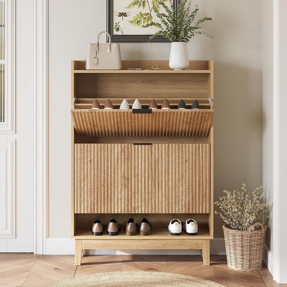 Smalle Schoenenkast met 2 Kanteldeuren en Lades, Ruimtebesparende Schoenenopberger 80 x 24 x 116 cm, Industrieel Houten Design voor Hal en Entree