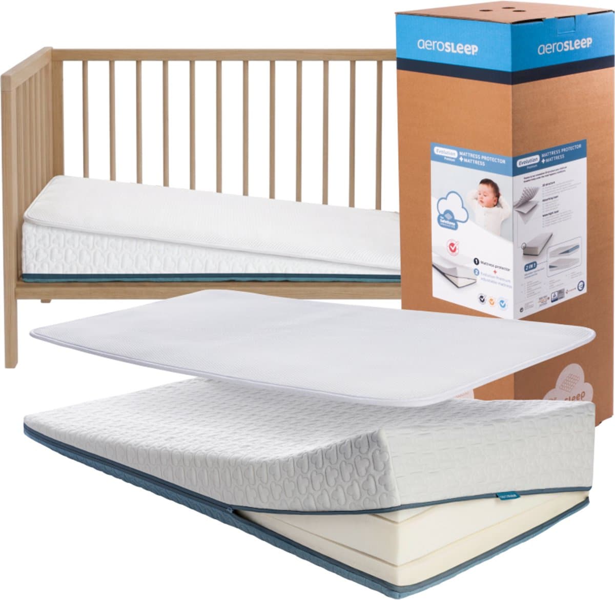 AeroSleep® Premium 2-in-1 matraspakket: Babymatras + 3D matrasbeschermer - 120 x 60 cm