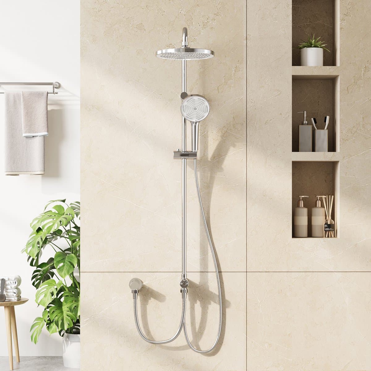 Moderne regendouche set - 25 cm ronde kunststof hoofddouche en handdouche - verstelbare telescopische rail - eenvoudige montage - chroom afwerking