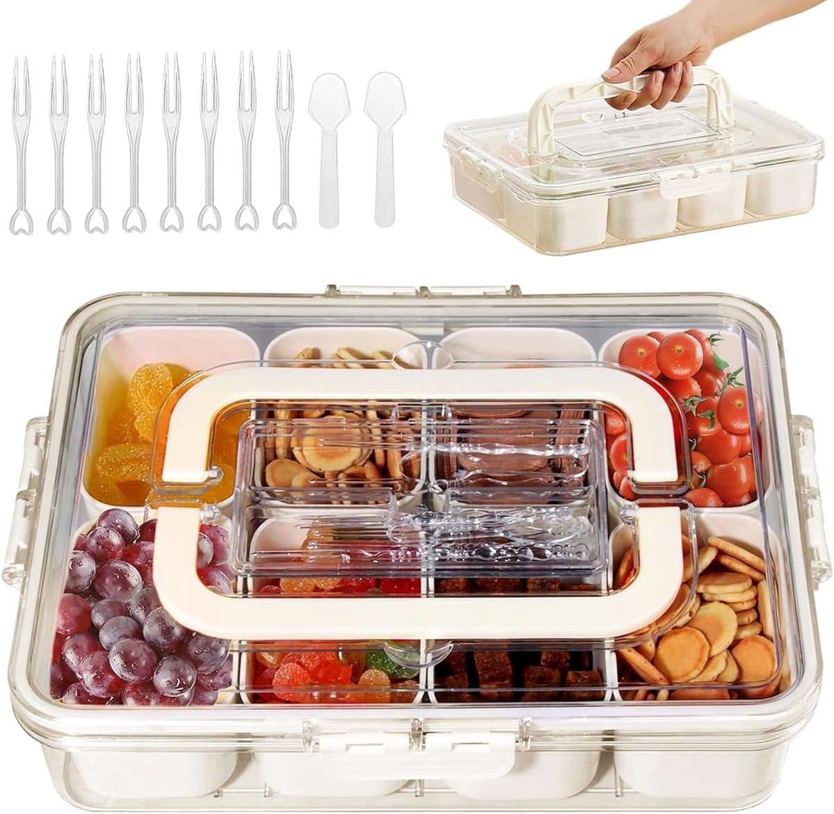 Multifunctionele Snackdoos met 8 Vakken, Draagbare Tray voor Snoep, Fruit en Noten, Transparante Opbergoplossing voor Charcuterie en Tussendoortjes