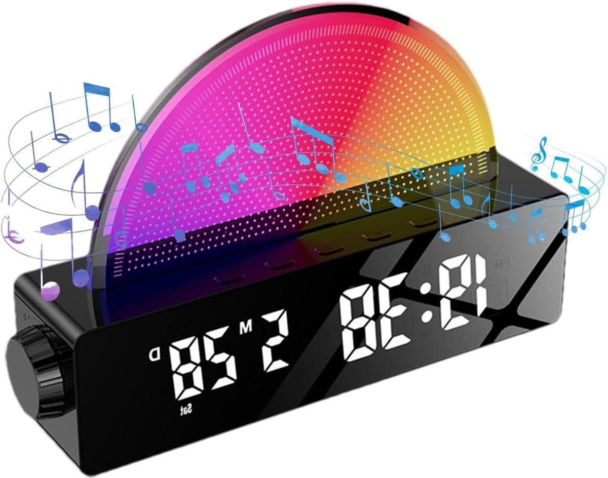 Wekker met Licht - Nachtlamp Speaker - Rustig Ontwaken - Zonsopgang Simulatie - 10 Kleuren - Zwart Spiegel
