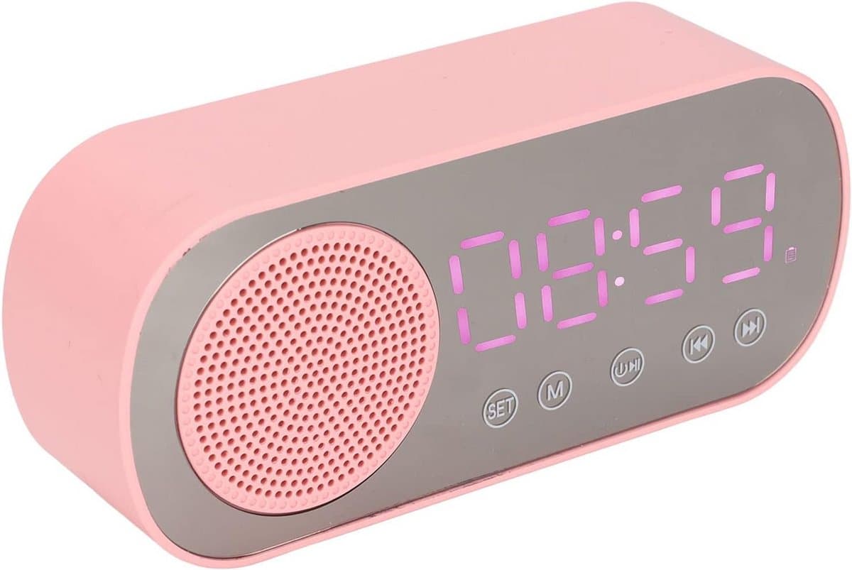 Tbest Roze wekker, wekker, luidspreker, bluetooth, hifi, led, spiegelscherm, micro-USB, FM-radio, digitale klok voor meisjes