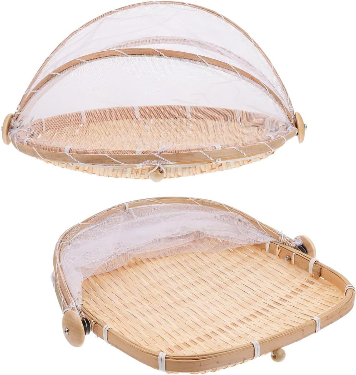 Fruitmand met Vliegenbescherming - Set van 2 Voedselhoezen - Ronde Tablet met Vliegenbescherming 30 x 18 cm + Vierkante Tentmand 28 cm - Fruitdeksel en Tablet met Vliegenkap