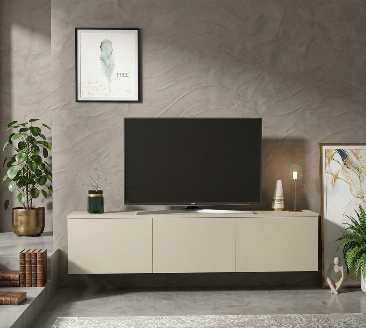 Levante Luxe Zwevend TV Meubel 160 x 32 x 35 cm Beige met Klepdeuren – Modern Wand TV Kast met Opbergruimte voor Woonkamer