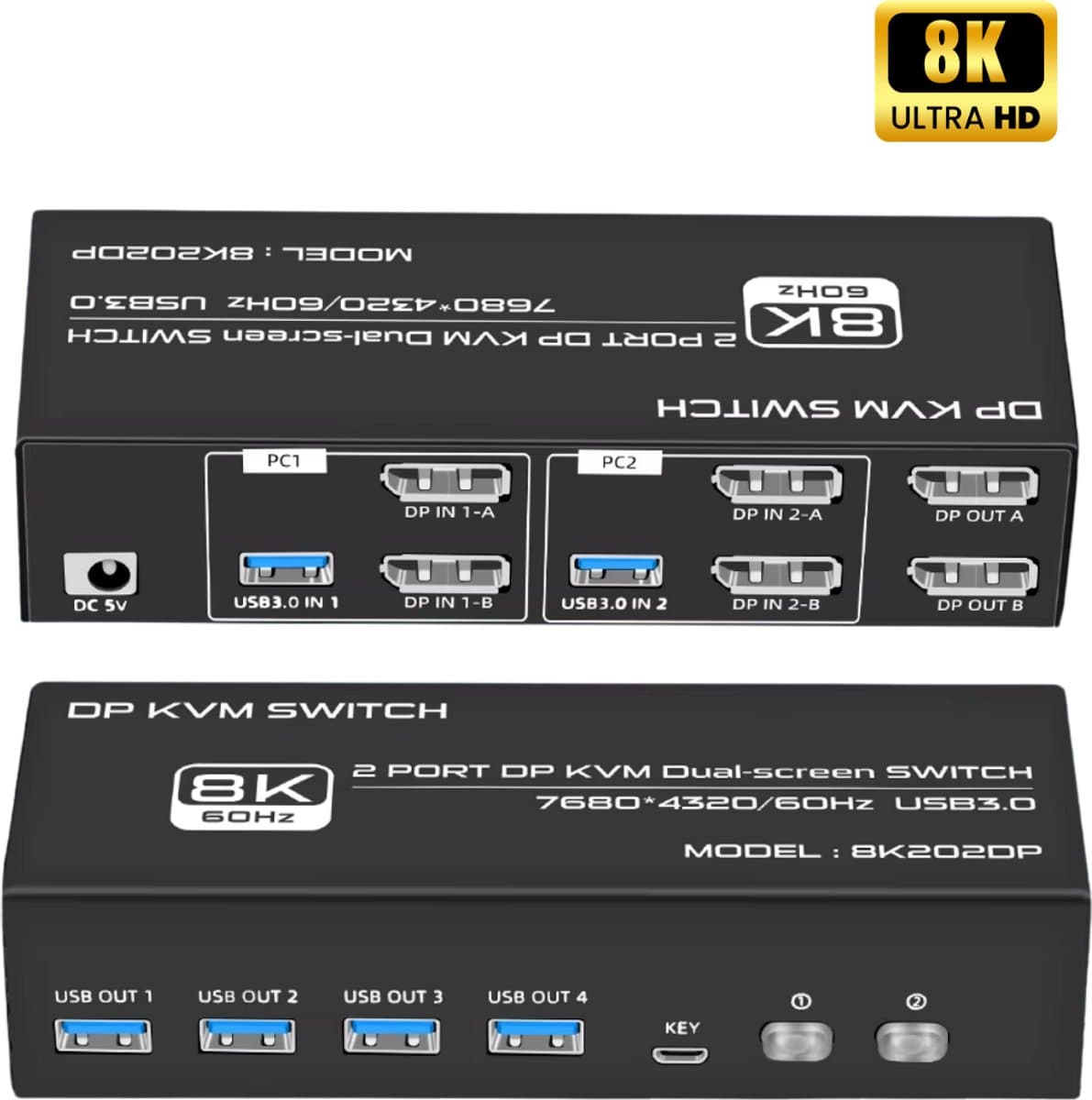 Delmark KVM Switch - DisplayPort 2 PC's naar 2 Monitors - 8K60Hz - DP 1.4 - 4x USB 3.0 Poorten - Inclusief DP en USB kabels