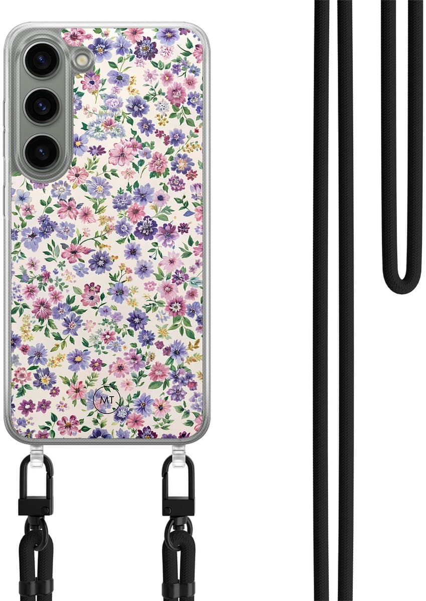 Hoesje met koord geschikt voor Samsung Galaxy S23 - Paarse bloemen - Inclusief Zwart koord - Crossbody beschermhoes - Transparant, Paars - Mooie Telefoonhoesjes
