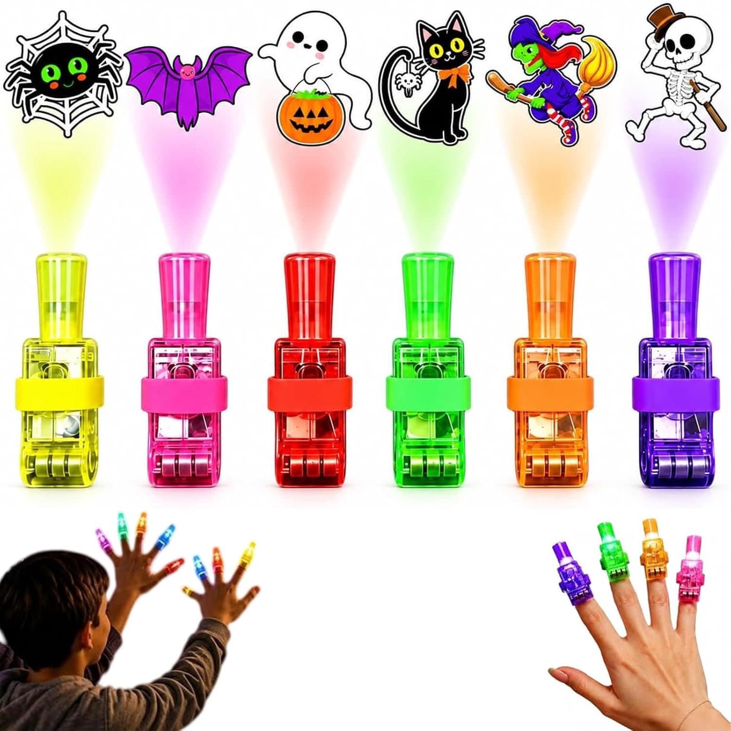 Halloween Vingerprojectoren - 12 Stuks - Mini LED Projectorlampjes voor Kinderen - Halloween Lichtprojectoren met Spook, Pompoen, Vleermuis en Heks - Draagbare Vingerlampjes - Voor Halloweenfeestjes, Traktaties en Spelletjes