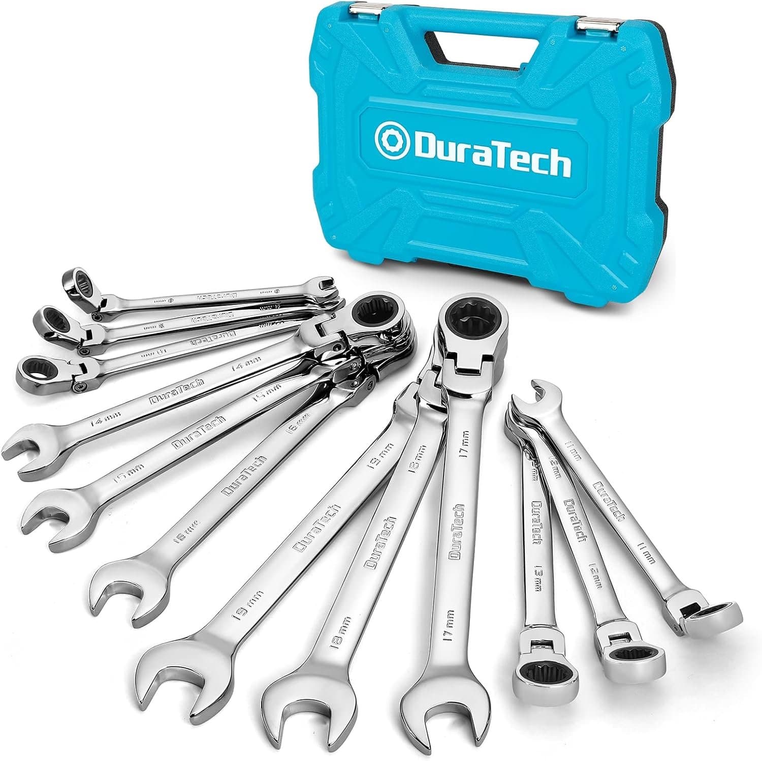 DURATECH 12-delig flexkop-ratschenspannerset 8-19 mm, combinatiesleutelset met 72-tandig ratans, Cr-V staal, metrisch, georganiseerd in opbergkoffer