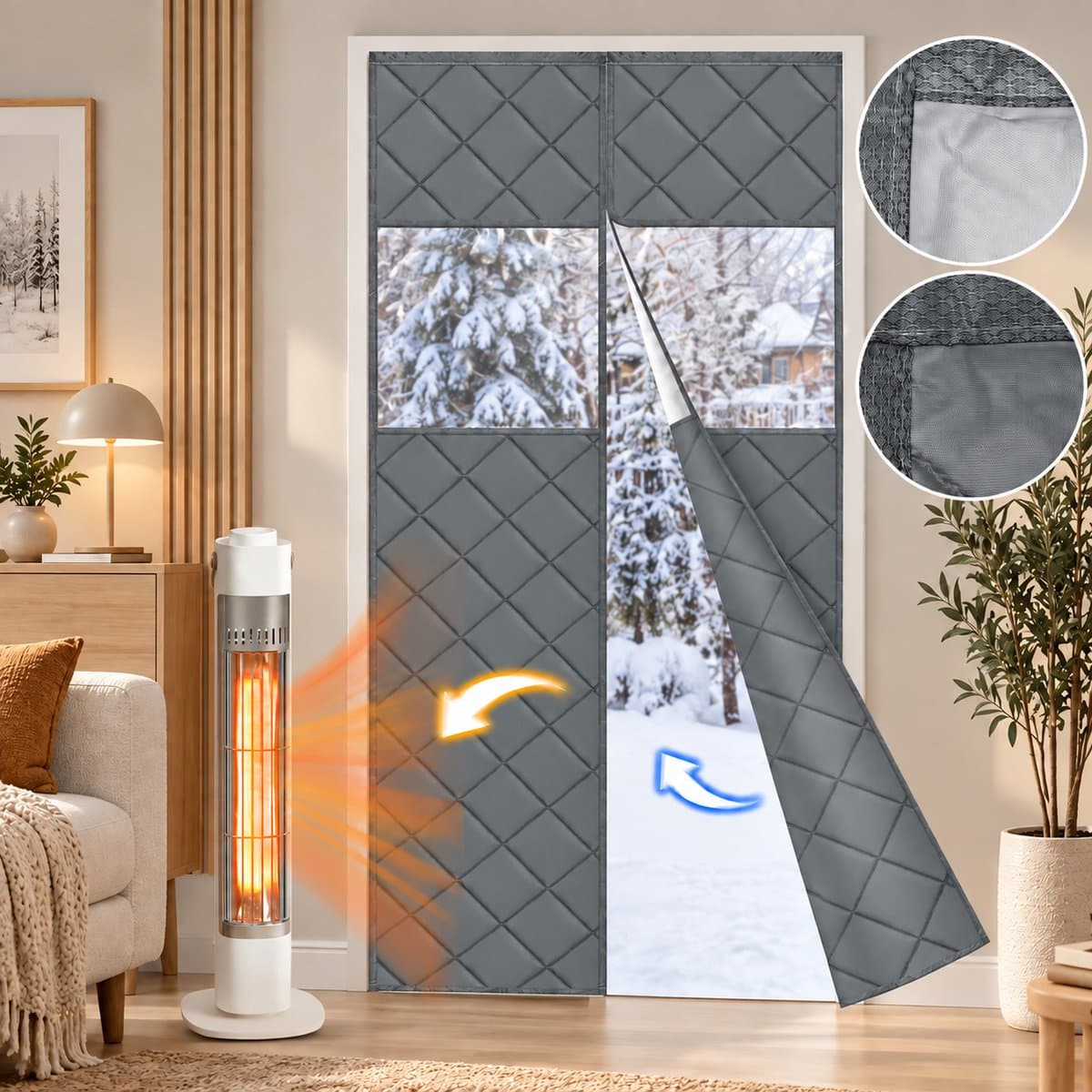 Lapamax Magnetisch Isolerende Gordijnen met Transparant PVC Venster - 420GSM Gewatteerd Isolerend Deurgordijn - Zelfsluitend, Zonder Boren - Huisdiervriendelijk - Dikke gordijnen voor Slaapkamerdeur en Gang - Grijs - 90 x 210 cm (B x H) - 1 Stuk