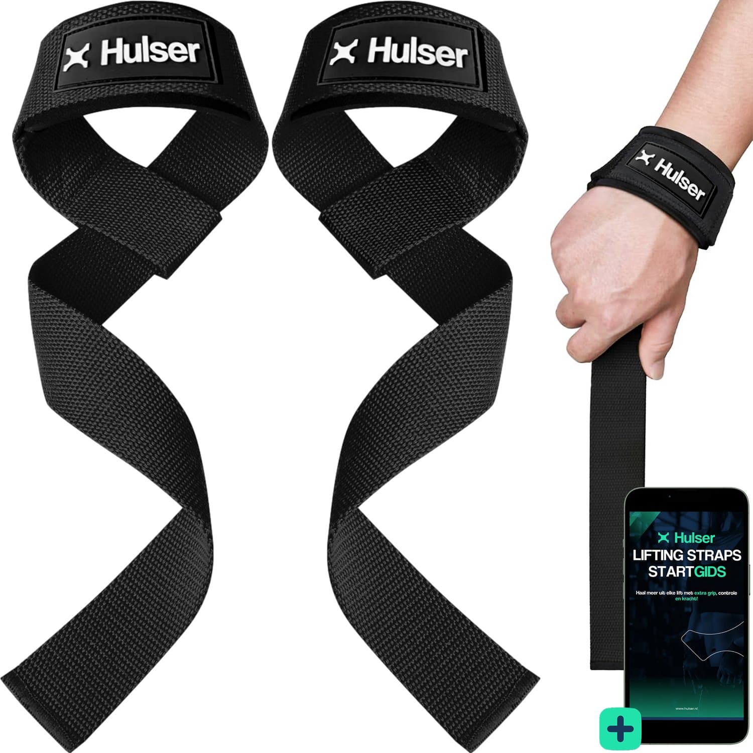 Hulser Lifting straps - Zwart - 2 stuks - met Padding - Wrist wraps - Gym Lifting grips - Soft hooks - Voor deadlift, RDL's en meer - Fitness, Krachttraining, Bodybuilding en Powerlifting