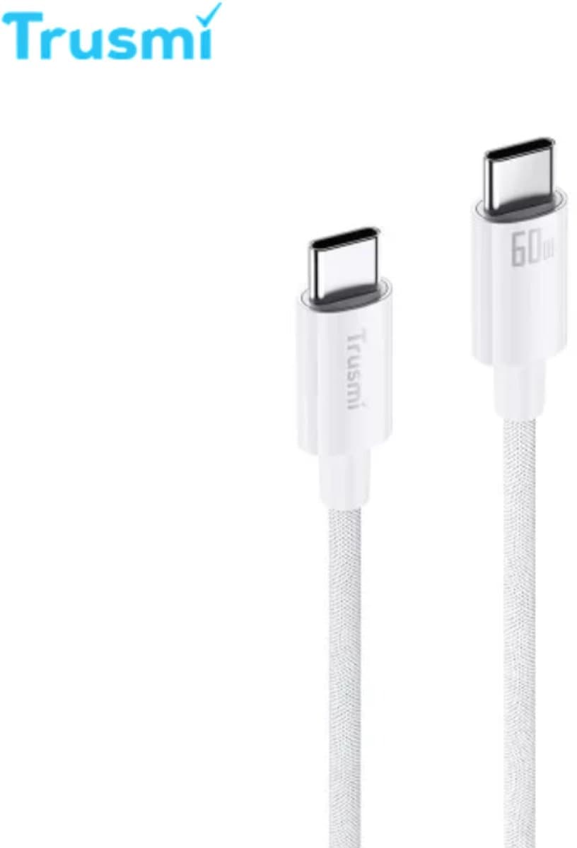 TRUSMI USB-C naar USB-C Kabel 60W – 2 Meter – Snellader – Gevlochten Oplaadkabel – Geschikt voor iPhone 17/16/15, Samsung & MacBook – Wit