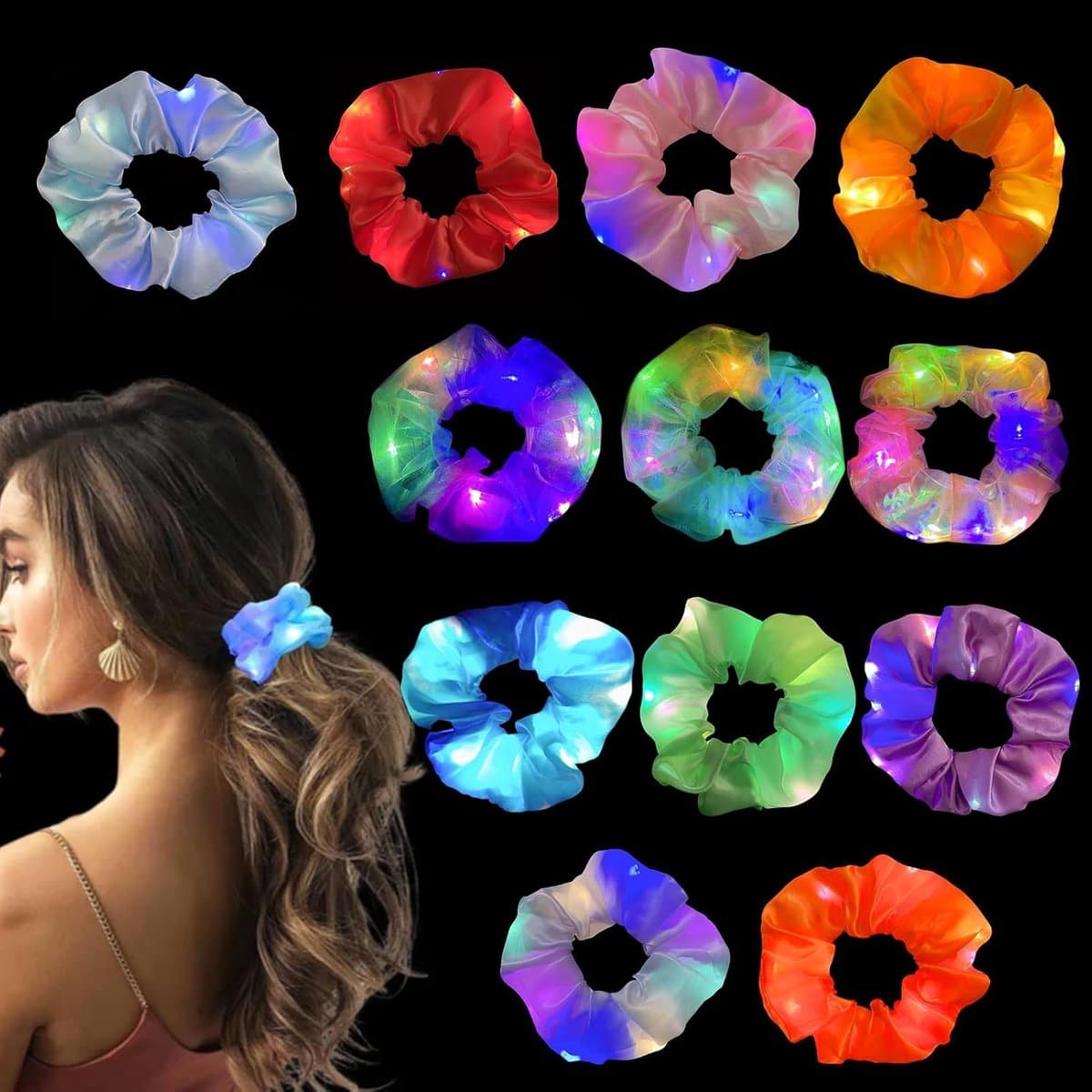 12 stuks lichtgevende led-hoofdbanden, neon elastisch, 3 modi, voor vrouwen en meisjes, voor oudejaarsavond, carnaval, party, kostuum