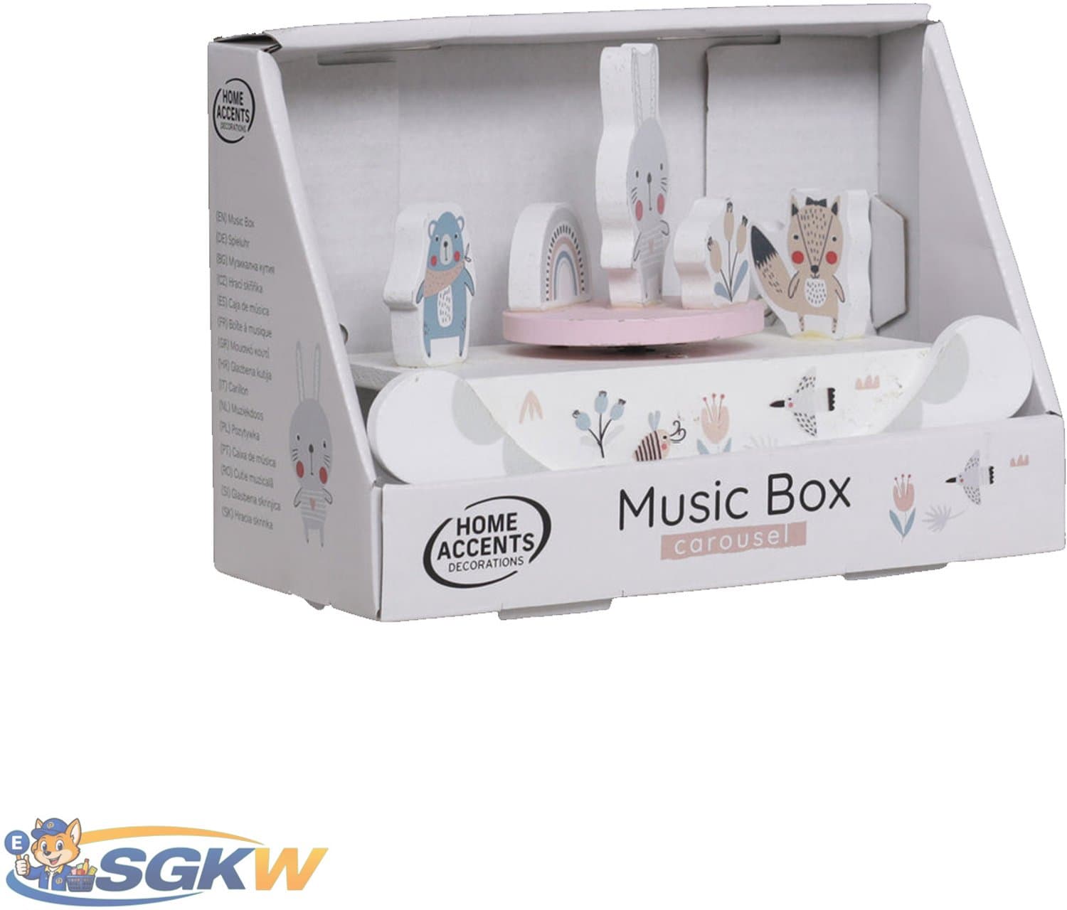 Home Accents Houten Muziekcarrousel – Muziekdoosje met Draaifiguurtjes – 17 cm – Bosdieren (konijn, Beer, Eekhoorn)