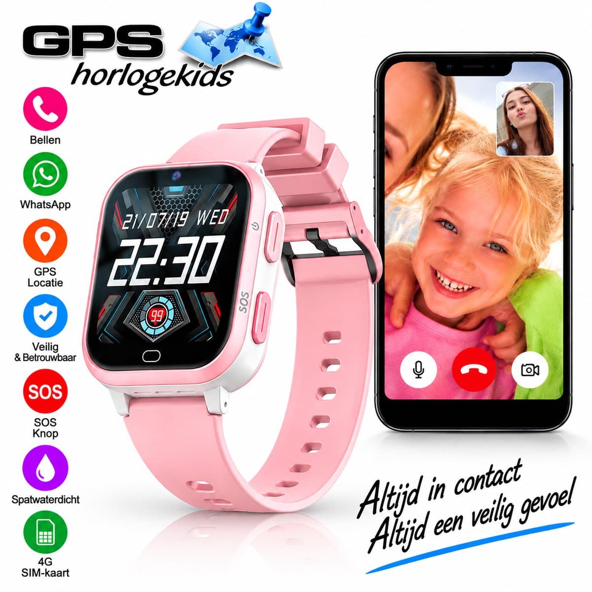 GPSHorlogeKids© - GPS horloge kind - smartwatch kinderen - WhatsApp - 4G videobellen - spatwaterdicht - SOS alarm - SMS - incl. SIM - Yoda Roze
