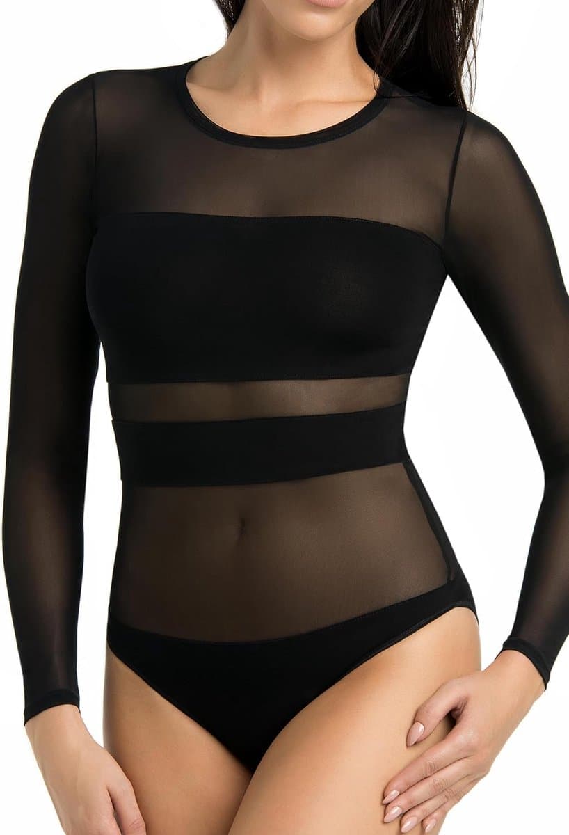 Dames Body Bodysuit van Viscose met Lange Mesh Mouwen, Elegante Damesbody met Transparant Mesh, Zacht en Comfortabel voor Dagelijks Gebruik