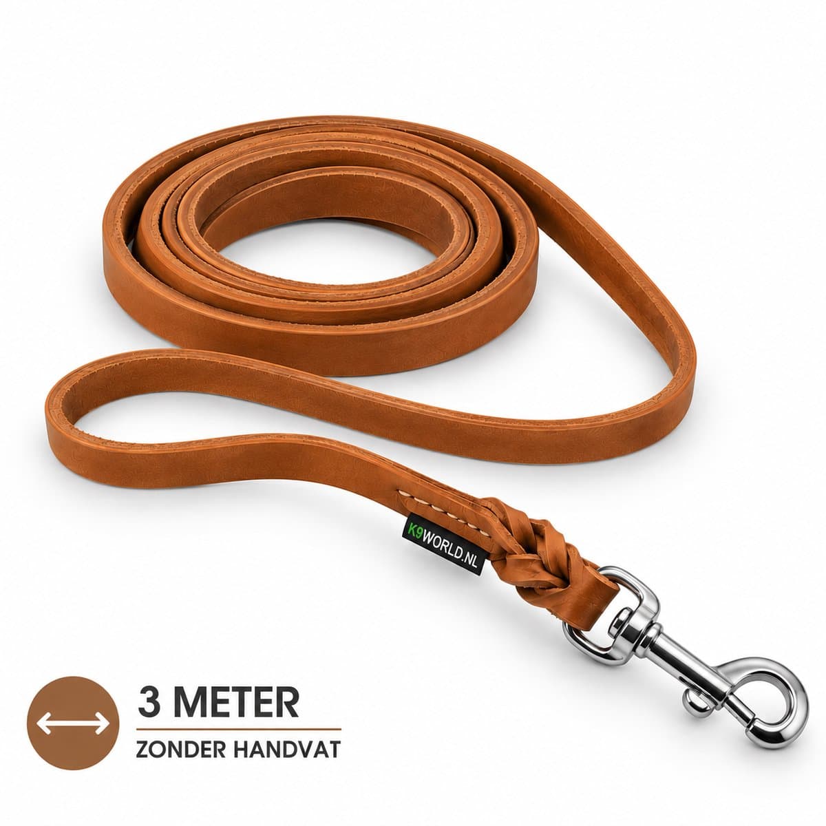K9World by van der Veeke, Leren Hondenriem Zonder Handvat – 12 mm – 3 meter Lange Lijn / Trainingslijn – Echt Leer – Handgemaakt - Cognac Bruin - Sterke Verchroomde Musketon