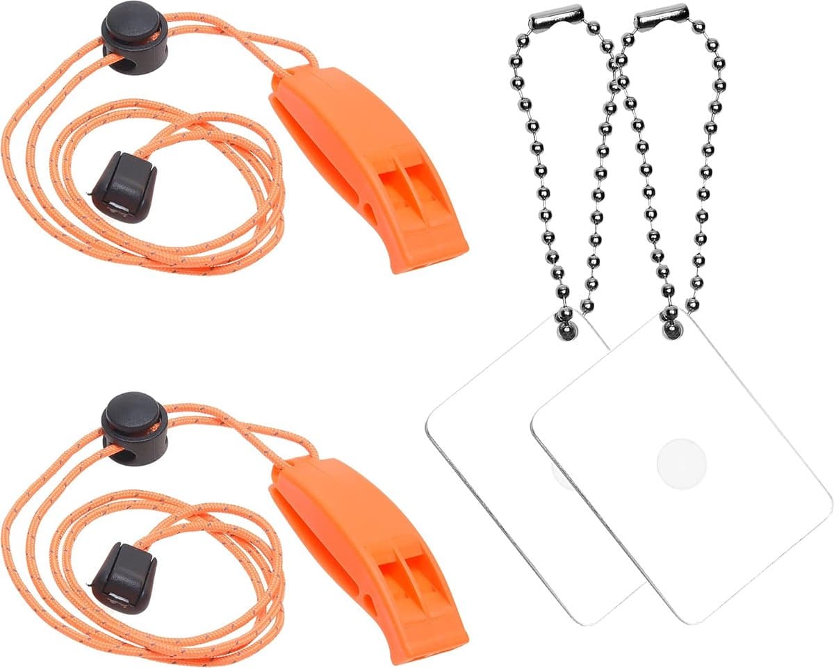 Survival Set - 2x Noodfluitje met Reflecterende Lanyard & 2x Signaalspiegel - Lichtgewicht Noodset voor Wintersport, Kamperen, Hiking, Marine en Outdoor Activiteiten