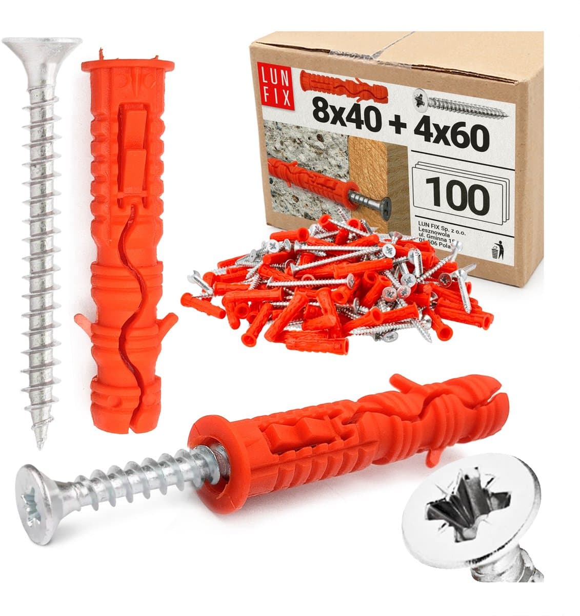 LUN FIX - Dübel Set 8x40 mm + schroeven 4x60 mm - 100 stuks - slagpluggen - universele pluggen voor beton, baksteen, holle blokken
