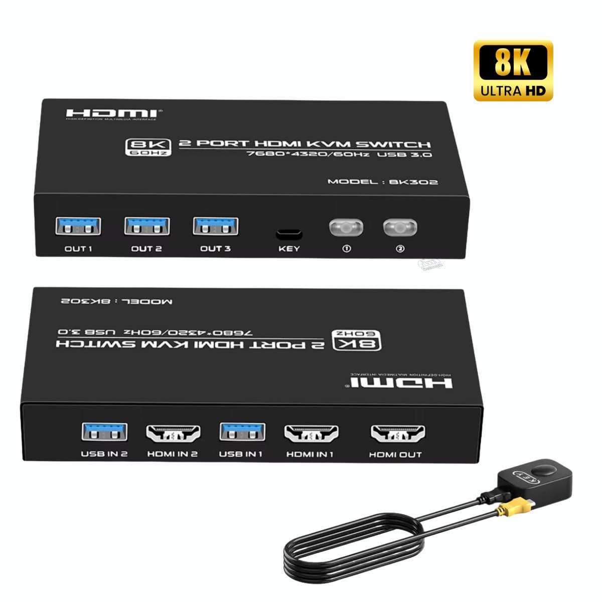 Delmark KVM Switch - HDMI 2 PC's naar 1 Monitor - 8K60Hz - HDMI 2.1 - 4x USB 3.0 Poorten - Inclusief HDMI en USB kabels - 2 PC's op 1 Monitor