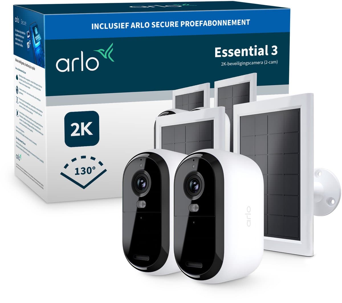 Arlo Essential3 2K beveiligingscamera & zonnepanelen - 2-PACK