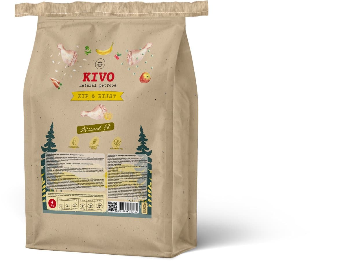 Kivo Petfood Hondenbrokken Kip & Rijst - Allround fit - 4 kg Koudgeperst - Glutenvrij