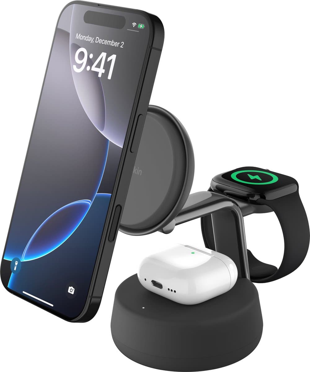 Belkin UltraCharge 3-in-1 MagSafe Draadloze Oplader met Standaard Qi2 25W Zwart