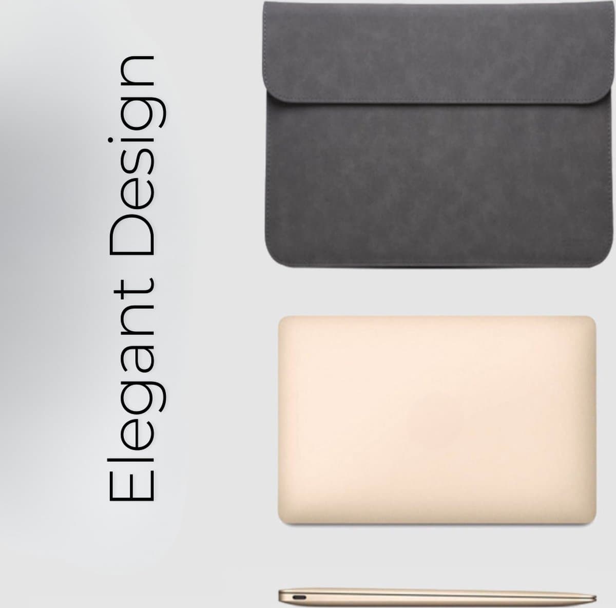 Luxe leren Laptophoes / Tablethoes 14inch, Eco-leer, Laptop hoes voor Macbook ( Apple, HP, Lenovo, Acer), Laptop Sleeve with magnetic closing, Laptophoes met magnetische sluiting, Donkergrijs