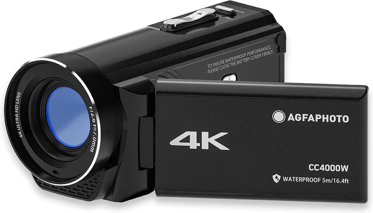 Agfa Photo Realimove CC4000W - Caméscope Étanche 4K avec Écran Tactile 3.0’’, Zoom Numérique 18x, Vidéo 2.7K, Photo 24MP, Télécommande, LED, Batterie Lithium - Noir