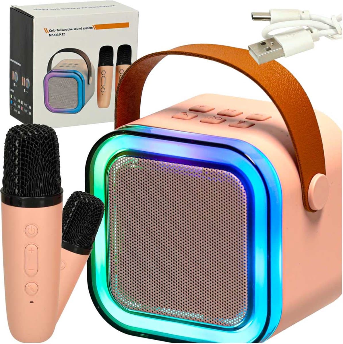 Playos® - Karaoke Set - 2 Microfoons - Roze - Verlichting - Draadloos - Bluetooth - Kinderen en Volwassenen - Speaker - Karaoke Microfoon