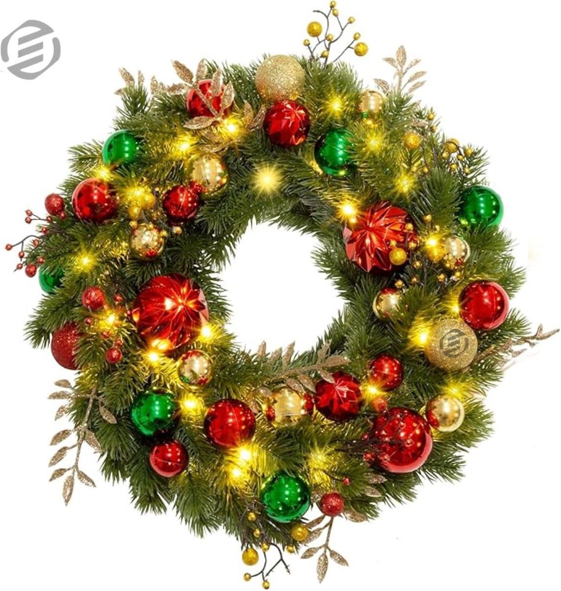 Equivera Kerstkrans met Verlichting - Kerstversiering - Adventskrans - Kerst Decoratie - Kerstdecoratie - Kerstkrans - Kerstslinger met Verlichting - Kerstkrans Voordeur - Kerstkrans met Verlichting Buiten - Kerstkrans met Lampjes voor Buiten