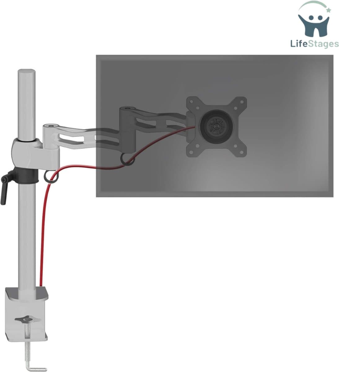 LifeStages - Monitor Arm 1 Scherm - Enkele Monitorbeugel - Aluminium - In hoogte Verstelbare Arm Voor 1 13“-27” LED - LCD-scherm - VESA 75 100 - Beeldschermstandaard - Kantelt-15°/+15° Draait 180° Roteert 360° - Zilver