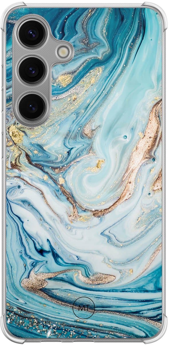 Hoesje (shockproof) geschikt voor Samsung Galaxy S24 - Marmer blauw goud - Extra sterke case - TPU/polycarbonaat - Marmer - Blauw, Transparant