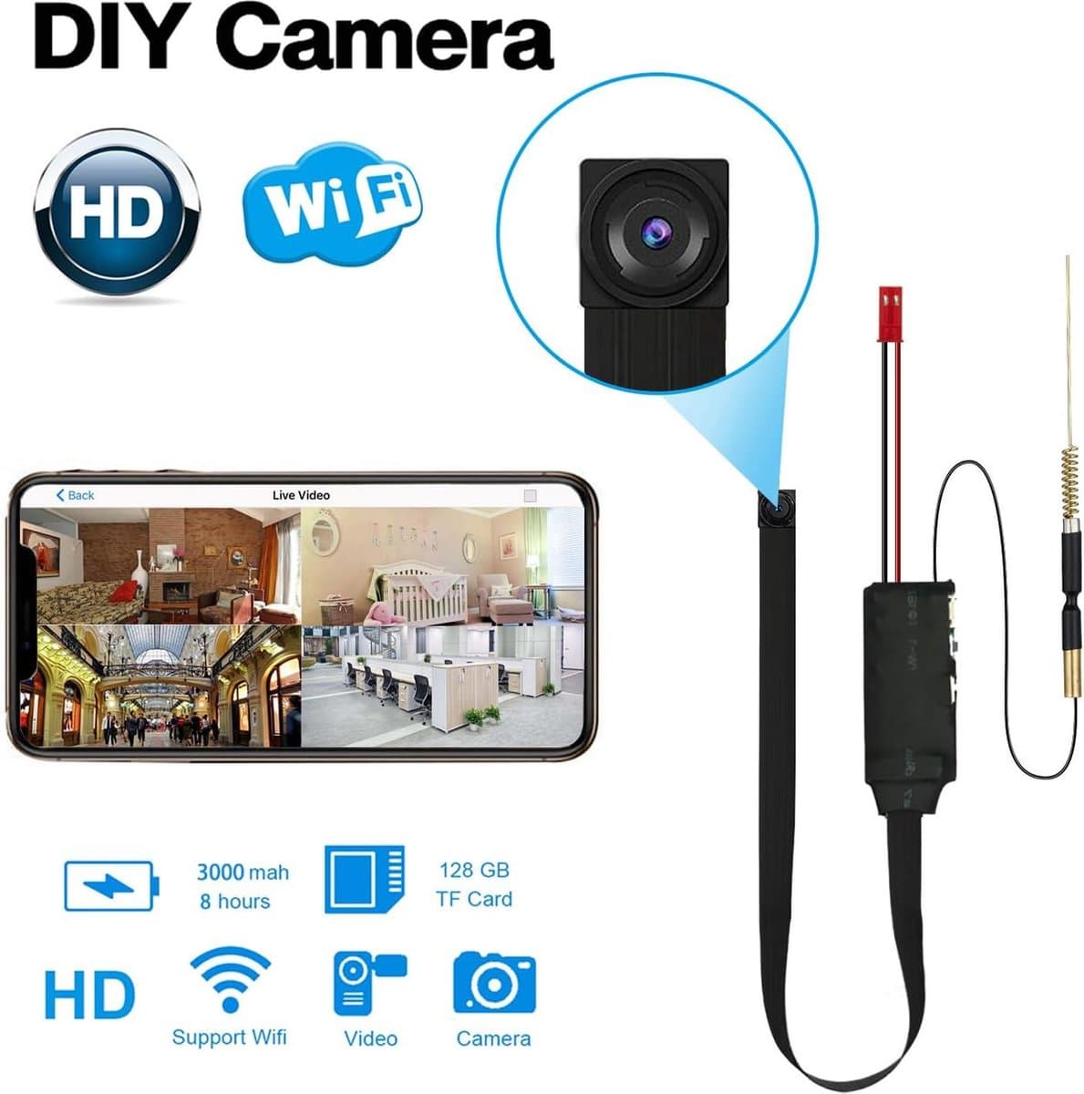 4K/1080P HD WiFi Verborgen Camera - Draagbare DIY Mini Camera met Bewegingsdetectie & Nachtzicht - Binnen/Buiten Beveiliging Surveillance - Compact en Discreet