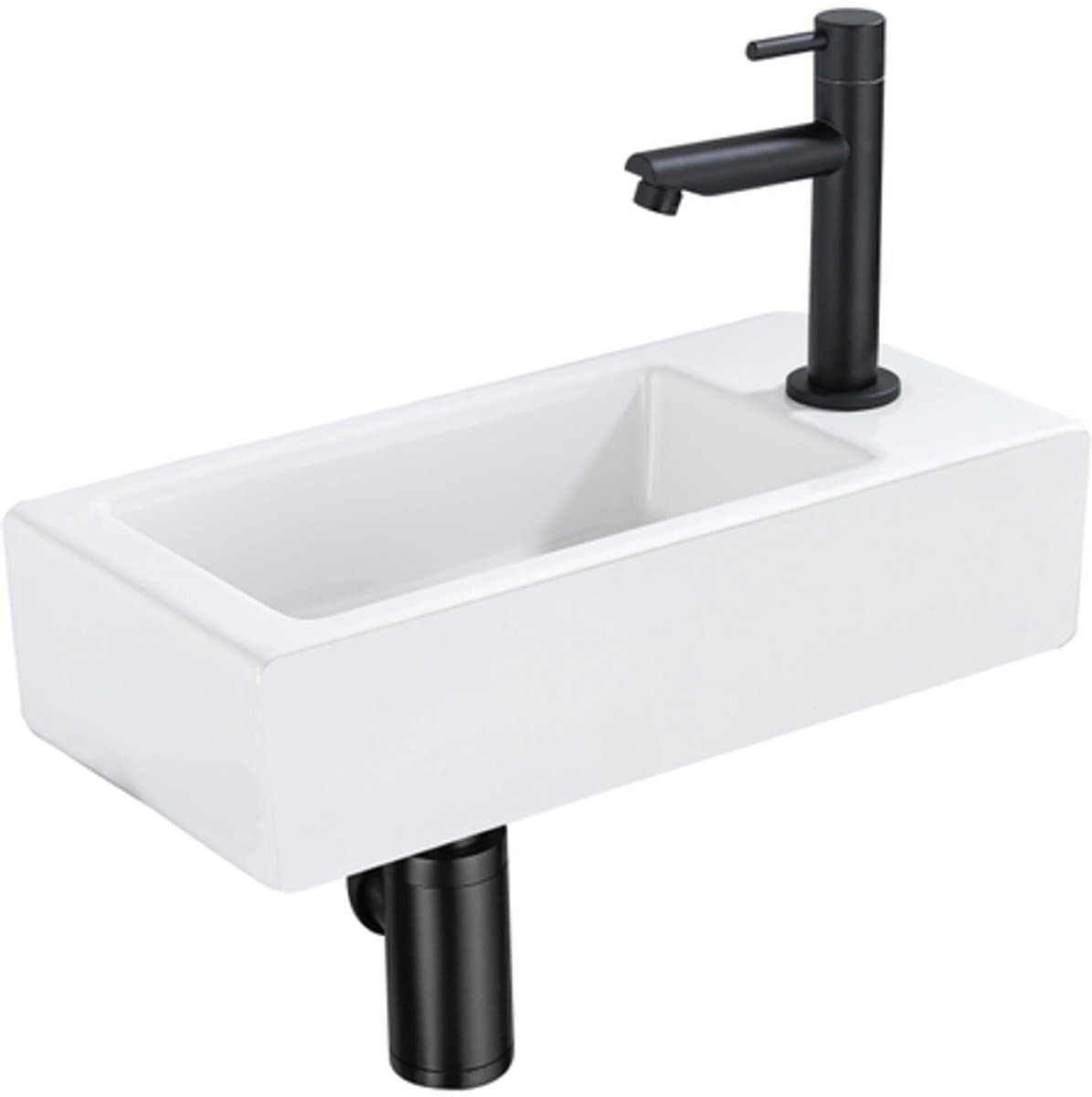QeramiQ Fuente Fonteinset - 37.5x18.5x9cm - keramiek - kraangat rechts - fonteinkraan zwart mat - afvoerplug - verlaagd sifon - Mat wit