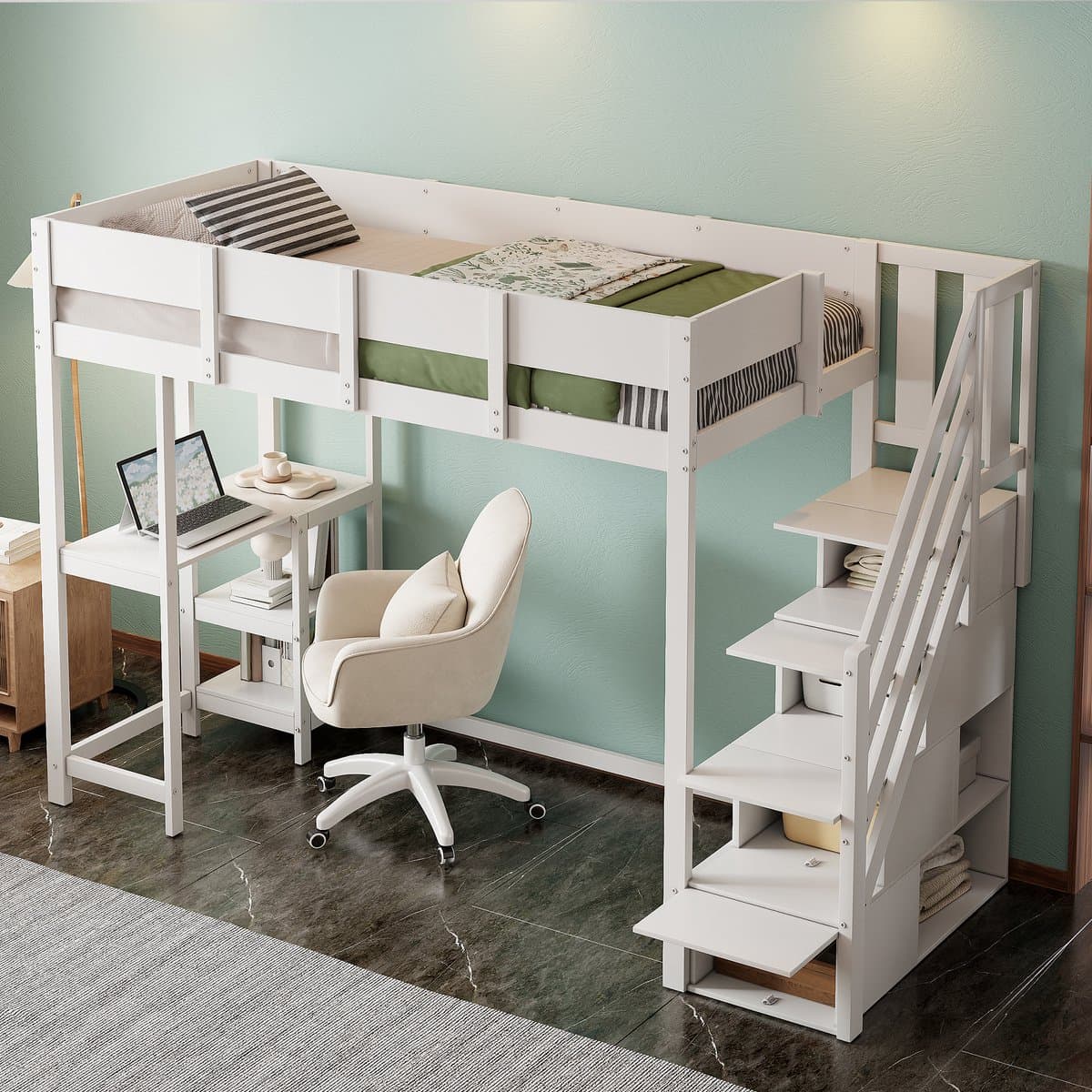 OKWISH Hoogslaper 90x200 cm - Met opbergruimte, geïntegreerde plank en traplade - Voor kinderkamer - Massief Grenenhout - Wit - Zonder matras