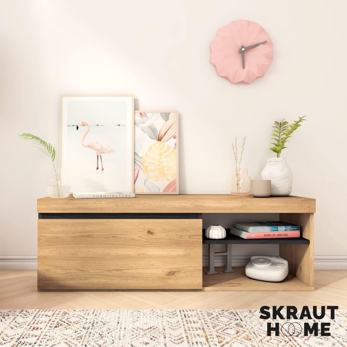 TV-meubel – Urbanhome Nordica Oak 120 – Scandinavisch design – 120 cm – TV-kast met deur en plank – Eiken/Zwart – Modern lowboard
