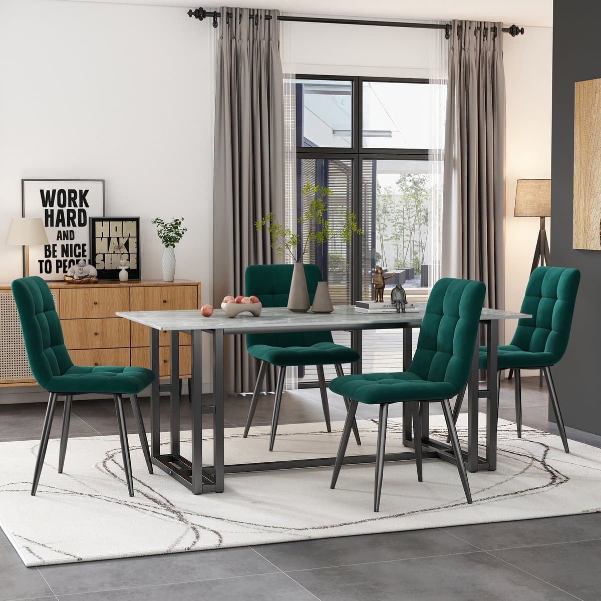 OKWISH Eetkamerstoel – Set Van 4 – Fluweel – Robuust Metalen Frame – Ergonomisch & Comfortabel Zitvlak – Groen – Met Zierstiksels & Bodembeschermers