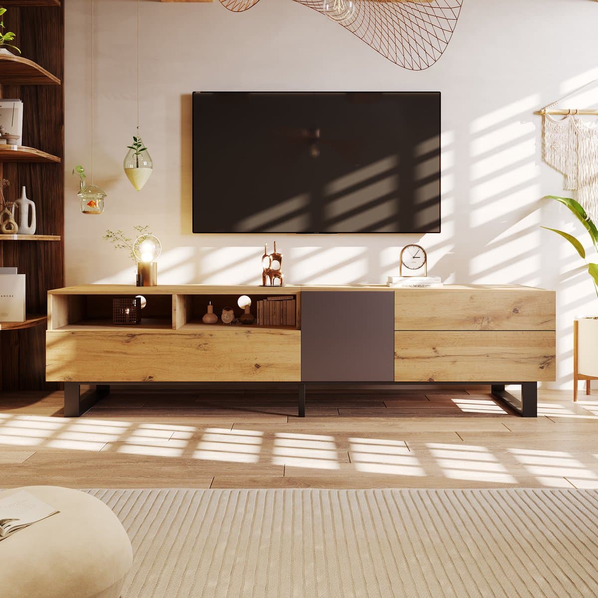 Wishdor Tv-Meubel - Push-Open Deuren En Laden - Minimalistische Stijl - Mdf En Metalen Poten - Zwart En Zwart-Grijs - 180 X 50 X 38 Cm