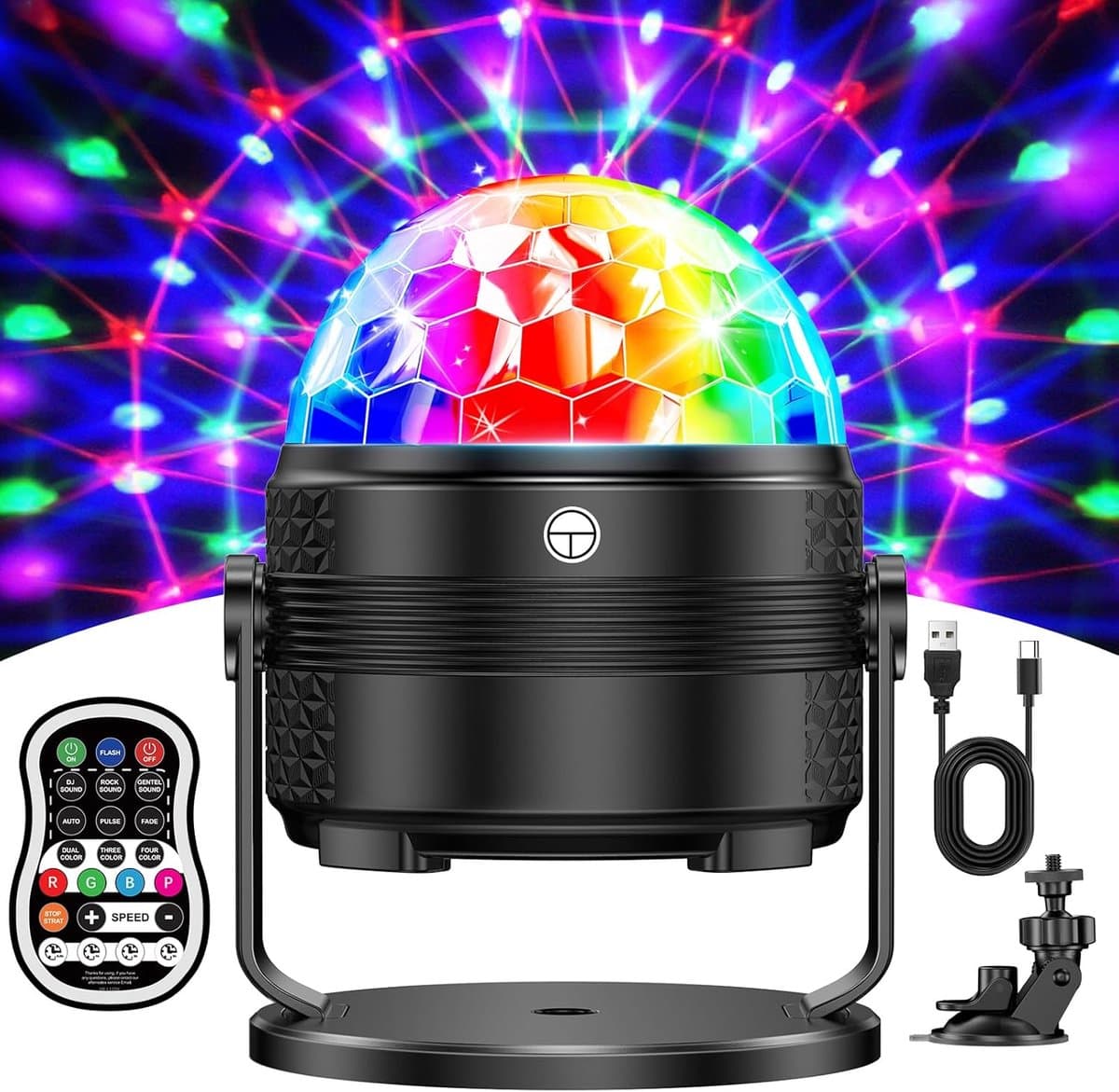 RGB Disco Bol - 15 Kleuren & 360° Rotatie - Muziekmodus & Timer - 4m USB Kabel - Voor Feesten en Evenementen